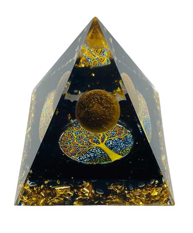 (image for) 2 1/2" Tree of Life with Moon Orgonite Pyramid. An Orgone pyramid with a soft moon hovering over a colorful tree of life.