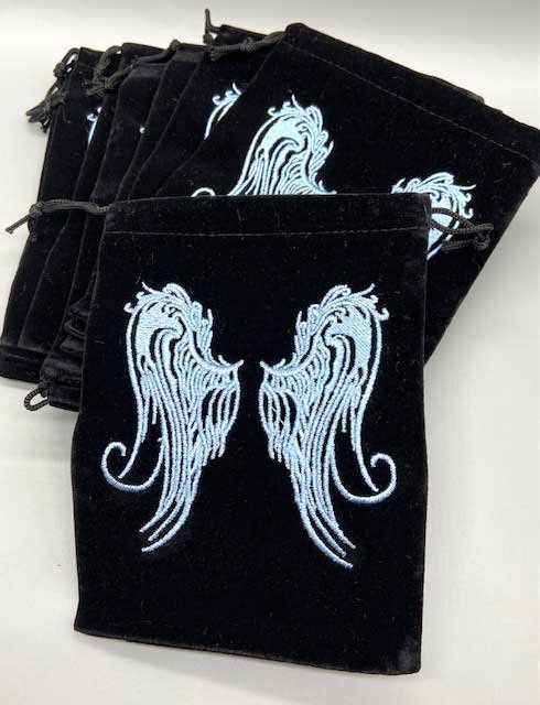 (image for) (set of 10) 5"x 7" Angel Wings Black velveteen bag This is a set of 10, 5" x 7" black velveteen pouch with blue embroidered angel wings on the front